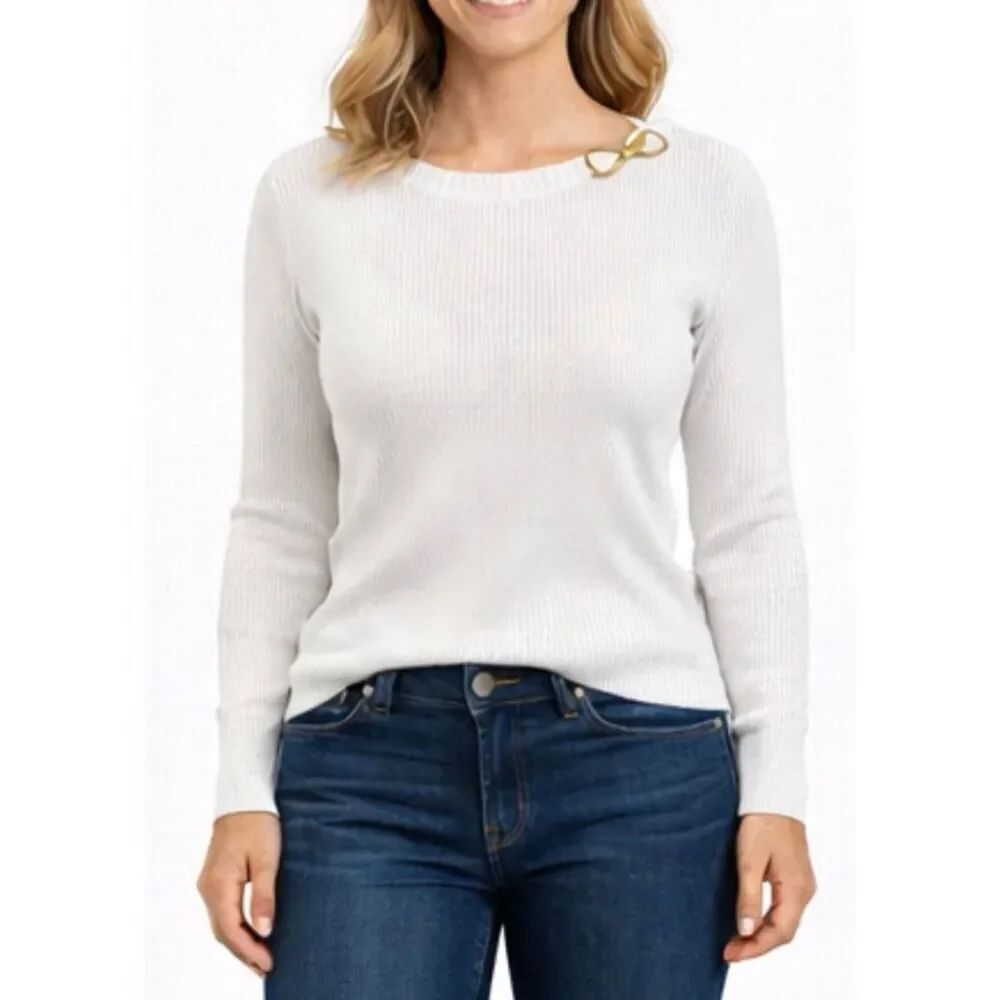 Lauren Ralph Lauren white ribbed gold buckle neck sweater petite small